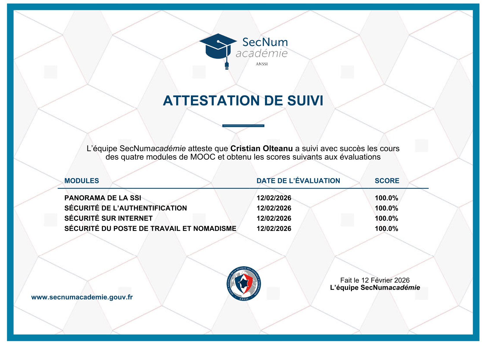 Attestation de réussite SecNumacademie